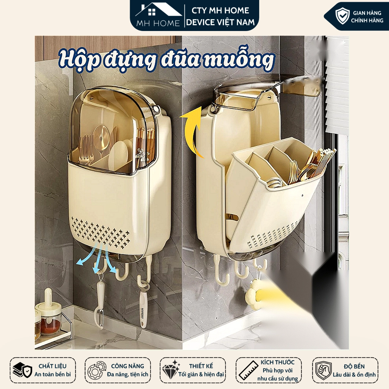 Ống Đũa Treo Tường Màu Kem Có Nắp Đậy Chống Bụi - Hộp Đựng Đũa Muỗng MH Home